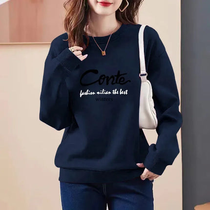 Thickened Fleece Women's Sweatshirt All-Match Comfortable One-Piece Velvet Winter Fashionable Cotton round Neck Printed Top
