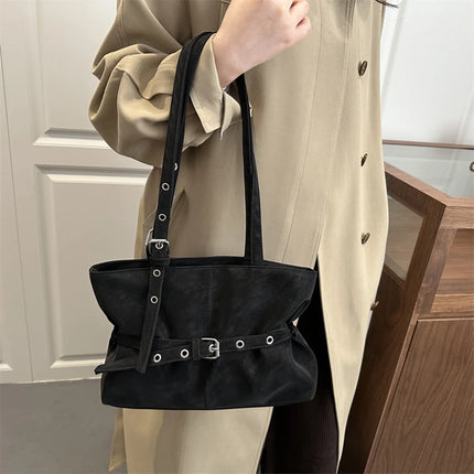 Minimalist Solid Color Tote Bag PU Belt Buckle Detail Lightweight Suede Zipper Large Spacious Shoulder Bag for Travel Commute