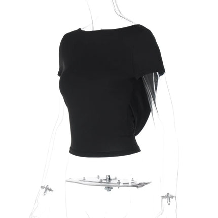 Women's O Neck Short Sleeve Backless Ruched Crop Top Y2K Streetwear Summer Spring Casual T-Shirt Dropshipping