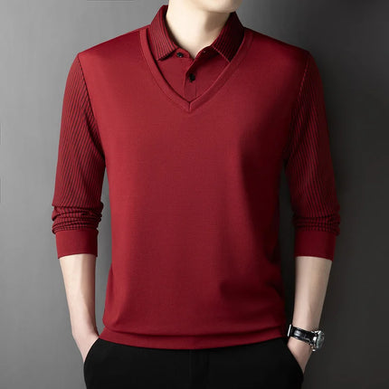 Men's Casual Fashion Long Sleeve Solid Color Polo Shirt 2025 Business Versatile Top All Season Fake Two-Piece