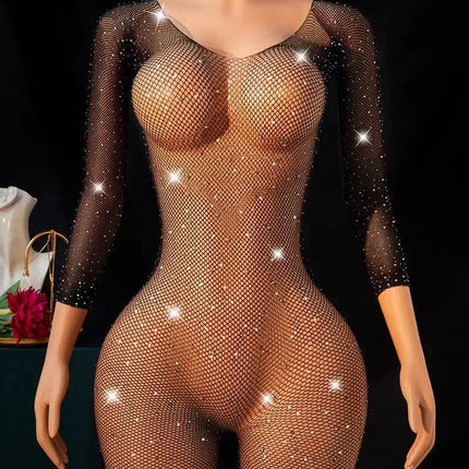 Mesh Sexy Lingerie Women Crystal Diamonds Dress Off Shoulder O Neck Y2k Clothes Long Sleeve Dresses Evening Club Party Sundress