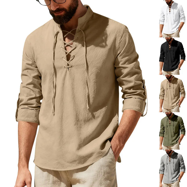 2026 New Men's Cotton Linen Shirt Long Sleeve Male Shirts Henley Button Strap Stand Collar Casual Shirt Spring Summer Vintage