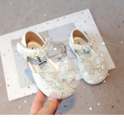 Chic Girls Dress Shoes for Wedding Party Bling Sequins with Rhinestone Butterfly Sweet Princess Chic Kids Flat Shoes Lace Beaded