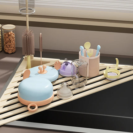 Foldable Drain Rack Kitchen Sink Organizer with  Towel Bar  Adjustable Over Sink Drainer for Dishes, Glasses, Pots & Pans
