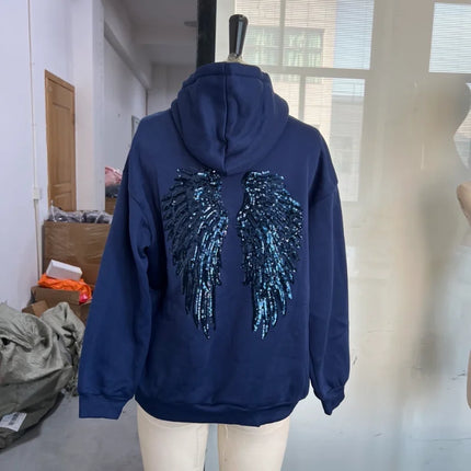 Trendy Creative Hooded Sweatshirt Wing Patterns Chic Designed Fashion Casual Long Sleeved Tops Versatile Women's Autumn Wear