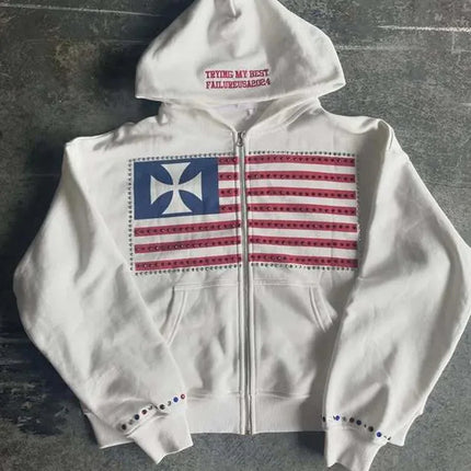Autumn new national flag minimalist design color collision pattern men hooded sweatshirt Harajuku Y2k loose zipper sweatshirt