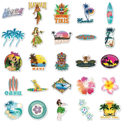 50PCS Outdoor Hawaii Surfing Stickers Summer Tropical Beach Surfing Waterproof DIY Surfboard Skateboard Phone Cup Kid Toys Gift