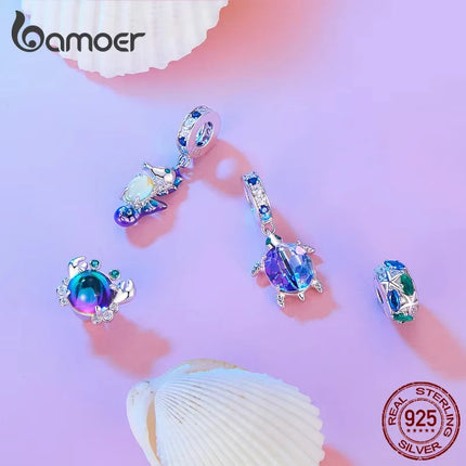 BAMOER 925 Sterling Silver Dreamy Ocean Series Dazzling Crab Beads Seahorse Pendant Charms for Women Bracelet and Necklace DIY