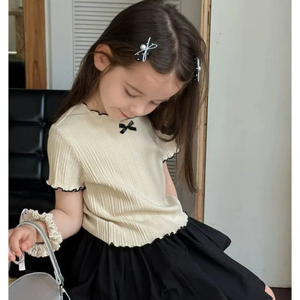 Girls' 1-12Y Korean-Style Knitted Lace-Trimmed Short-Sleeve Summer Ruched Tops: Trendy, Breathable, Bow Tie, Versatile Tee