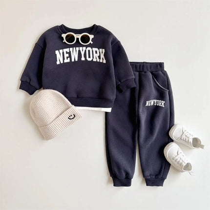 Winter Thickened Newborn Boy Girl 2PCS Plush Letter Printing Casual Suits Outfits Set Children's Clothing