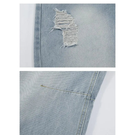 Men's American High Street Baggy Jeans 2026 Summer New Light Wash Distressed Knife Cut Wide Leg Casual Denim Pants