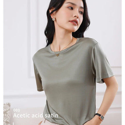Summer Women's Short Sleeve O-Neck T-Shirt Knitted Acetate Fabric High-End Thin Pullover Top for Ladies