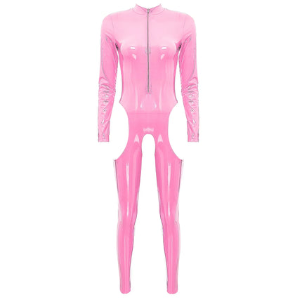 Womens Lingerie Patent Leather Latex Jumpsuit Zipper Crotchless Open Chest Catsuit Costume Wet Look Bare Breast Exposed Bodysuit