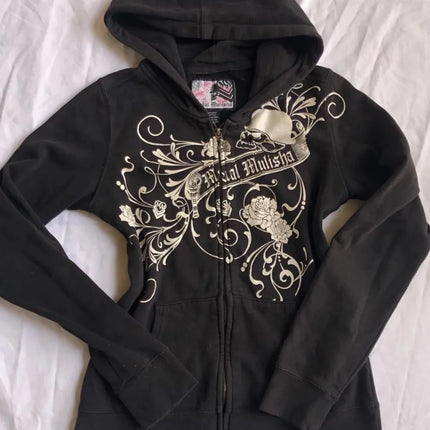 Hoodies Women 2000s Clothes Y2k Vintage Harajuku Flower Graphic Zip-up Hooded Punk Hot Girl High Street Hoodie Casual Sweatshirt
