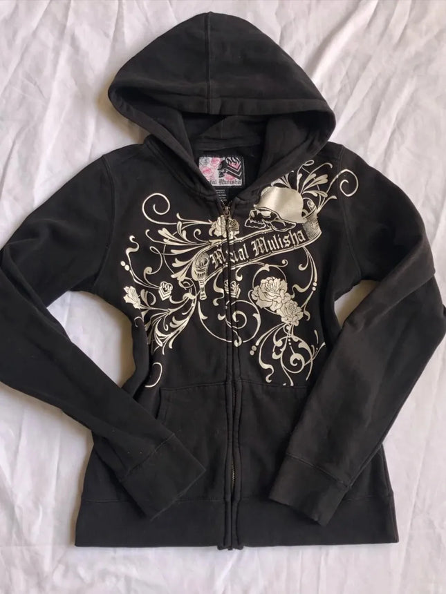 Hoodies Women 2000s Clothes Y2k Vintage Harajuku Flower Graphic Zip-up Hooded Punk Hot Girl High Street Hoodie Casual Sweatshirt
