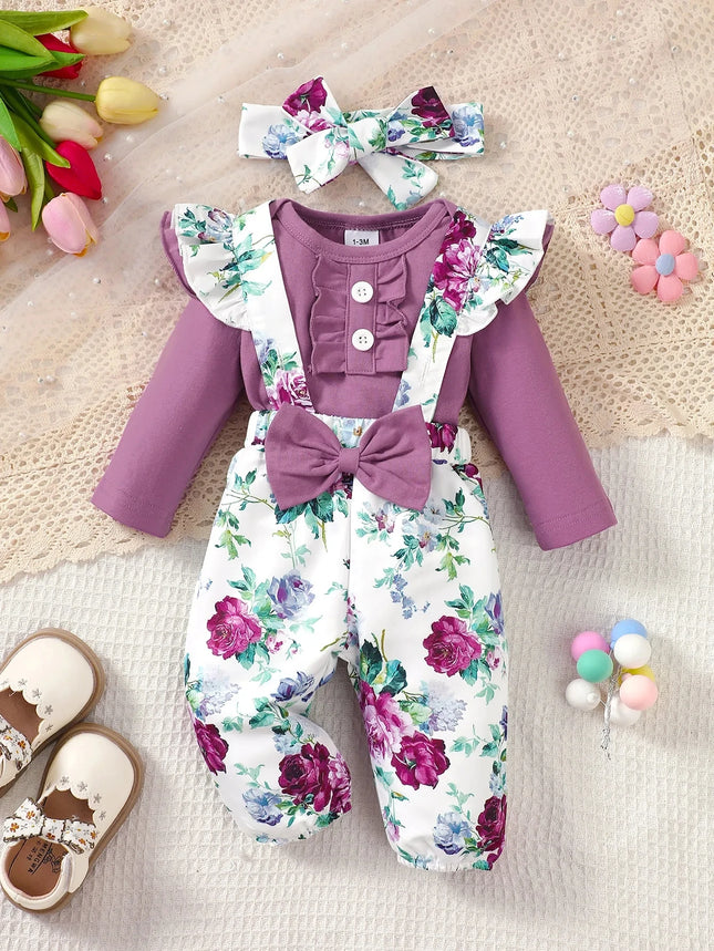 Newborn Girl Baby Set Purple Flared Sleeve Bodysuit + Flower Headband Pants for 0-24 Months Old Female Baby Spring & Autumn Set