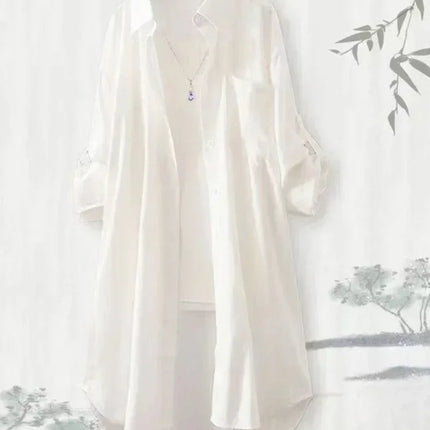 Plus Size Women Simple Long Sleeve Blouse Chic Korean Style Loose Fit Breathable Shirt Casual Autumn Solid Color Midi Tunic Tops