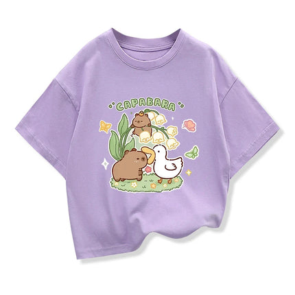 Girls Clothes Capibara Kids Clothing Tees Summer Printed Cartoon Short Sleeve T-shirt Girls Loose Casual Crewneck Tops T Shirts