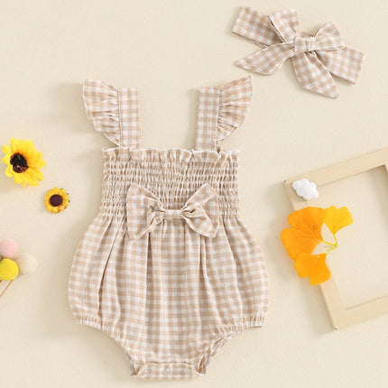 FOCUSNORM 0-18M Lovely Baby Girls Summer Romper Outfits Fly Sleeve Plaid Print Ruffles Boknot Jumpsuits with Headband