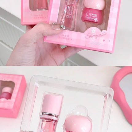 Strawberry Lip Balm & Lip Oil Set Clear Glass Moisturizing Lightweight Hydrating Jelly Day & Night Lip Mask Set Makeup Lips Care