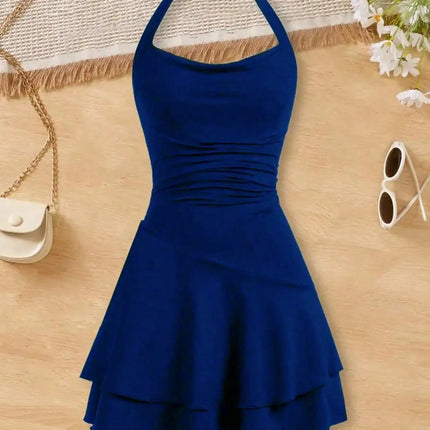 2026 Girls' Fashionable Dress with Waist Cinching and Slimming Effect, Backless Cross Tie Dress, Children's Clothing 1