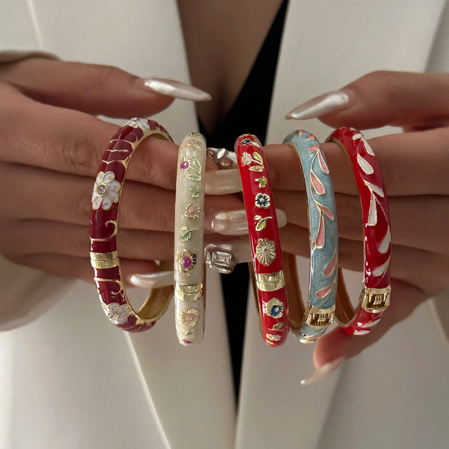 Trendy Enamel Vintage Cloisonne Bangle for Women Bohemian Colorful Floral Spring Bracelet Ethnic Charms Jewelry Accessories