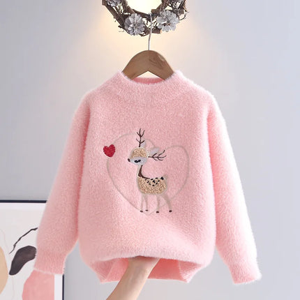 Fashion Embroidered Cute Deer Kids Sweater Girls Knit Pullover Princess Soft Cozy O-Neck Heart-shape Autumn Winter Tops HY12161
