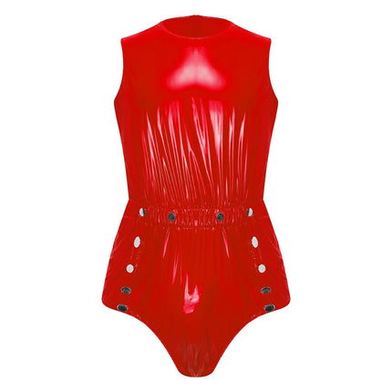 Mens Sleeveless Glossy PVC Leather One-piece Romper Jumpsuit Waterproof Bodysuit Buttons Openable Crotch for Clubwear Swimming
