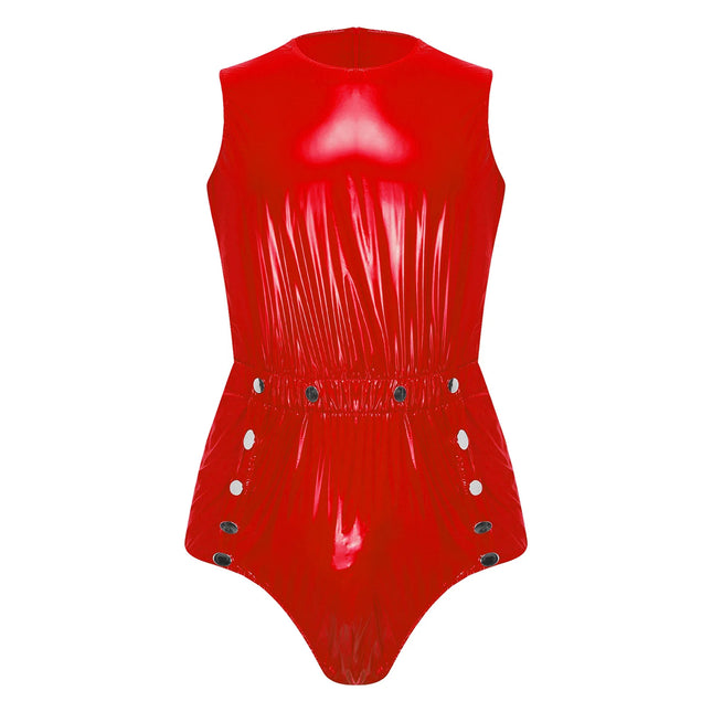 Men's Sleeveless Glossy PVC Leather One-Piece Romper Jumpsuit Waterproof Bodysuit with Buttons and Openable Crotch for Clubwear and Swimming