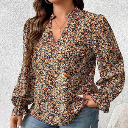 Plus Size Women's Shirt, Flower Print V Neck Long-Sleeved Top, Loose Fit, Elegant Design, Fabric Soft, Vacation Casual Shirt