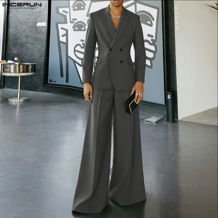 INCERUN Men Sets Solid Color Double Breasted Long Sleeve Blazer & Pants Two Pieces Sets Streetwear Fashion Casual Men's Suits