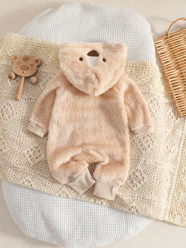 Baby Plush Romper with Hat Adorable Pet Design Winter Warm Baby Comfortable Clothing Pet Shape Baby Bodysuit for Babies