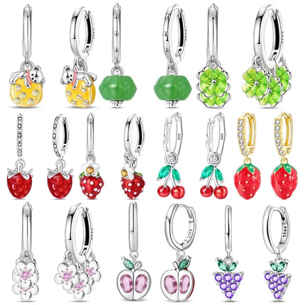 Original Earrings 925 Silver Fruit Series Cherry Strawberry Hoop Earrings Ear Studs Zircon Making Jewelry for Women Girl Party