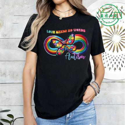 Love Needs No Words Autism Awareness T-Shirts, Infinity Butterfly Rainbow Graphic Tee, Support Neurodiversity, April Autism Gift