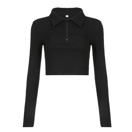 Women's T-shirt Autumn New Black Long Sleeves Crop Top Casual Fashion Zippers T-shirt Lady Turn-down Collar Sexy Tops Clothing