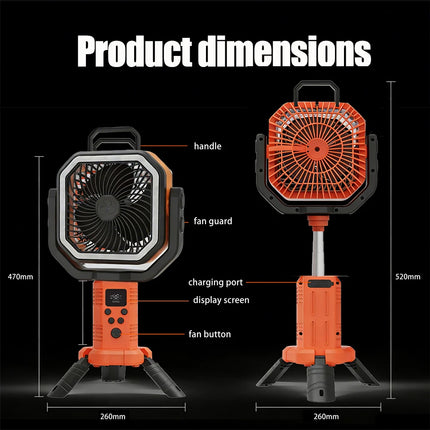 30000mAh Portable Camping Fan Light 4-Gear Wind Speed Outdoor Tripod Stand, with 3 Brightness LED Lights USB Charging Desk Fan