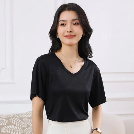 2026 Summer New Women's T-shirt V-neck Knitted Women's Short Sleeve High end Acetate Fiber White Fashion Women's Top