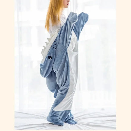 Cartoon Shark Blanket Plaid Gown Sleeping Bag Women Pajamas Adult Blanket Flannel Shark Nightrobe Comfy Bathrobe Homewear Gift