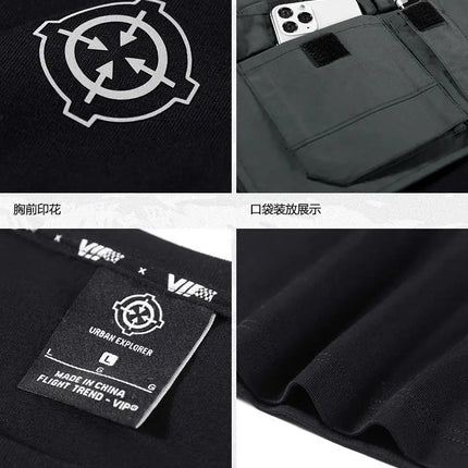 Fashion Men Black Techwear 100% Cotton Patch Stich Short Sleeve T-Shirts Summer Mens Oversized Locomotive Style Tooling T Shirt