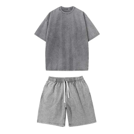 Washed and aged short-sleeved T-shirt and shorts set. Unisex. European size. Stir-fried snowflake design. Summer top set.
