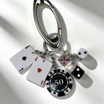 Handmade Style Casino Keychain with Dice Poker Chip Cigarette Charm Keyring for Men Streetwear Gift