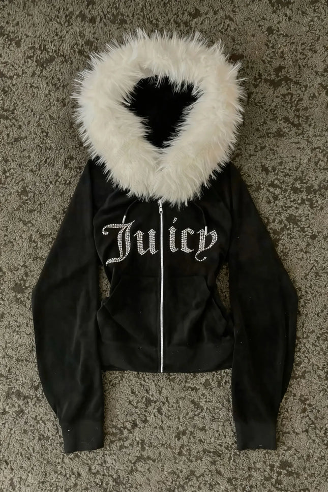 Harajuku y2k Millennial Hottie American retro fur collar piecing hoodie zipper hoodie female fall/winter hip hop zipper jacket