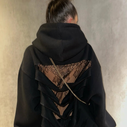 Y2K Hot Asweet Sexy Embroidered Floral Mesh Backless Hoodie Womens Black Semi Transparent Oversized Pullover Fashion Casual Tops