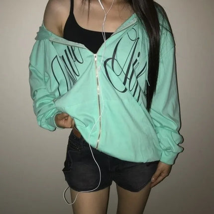 Y2K Mint Green Zip Up Hoodie Women Cursive Script Print Oversized Casual Sweat Jacket Fashion Harajuku Sweet Cool emo Sweatshirt