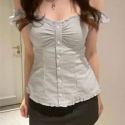 Slim Fit ort Sve irt V-Ne Beautiful Striped Flng Sve Top Trendy Girl's Faion Casual Wear Summer 2025