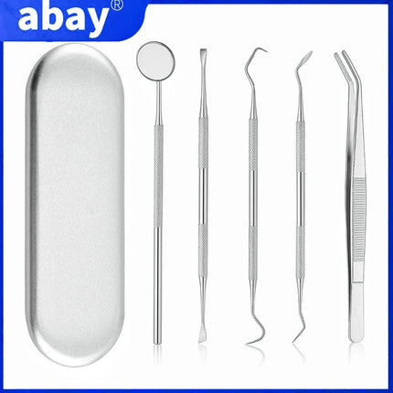 Dental Stainless Steel Cleaning Kit with Storage Box Dental Mirror Explorer Tweezer Probe Hoe Sickle Scaler Dentist Accessories