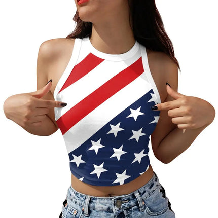 Nadanbao Women's Vest Summer Casual American Flag Tie Dyeing Cropped Tight Sleeveless T-Shirt Streetwear Crop Tops Y2K Tees