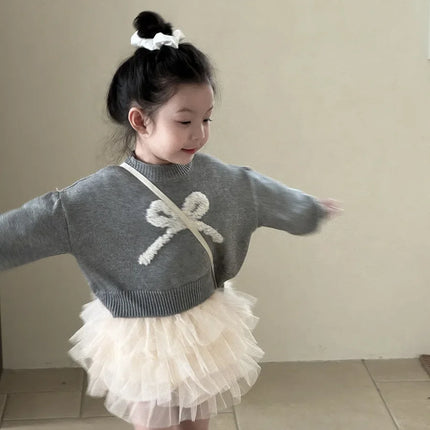 Sweaters Girl Autumn Korean Bow Sweater Children Clothing Embroidery Short Easy Knitting 2024 Loose Simple Round Collar