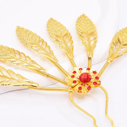 New Golden Alloy Leaf Crystal Flower Hairpin Hair Accessories for Women Thailand Ethnic Dance Party Decoration Headwear Jewelry