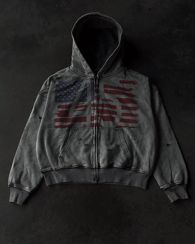 Retro American Flag Pattern Design Zip Up Hoodie for Men Hip Hop Harajuku Break Hole Loose Hoodies Y2k Streetwear Sweatshirt